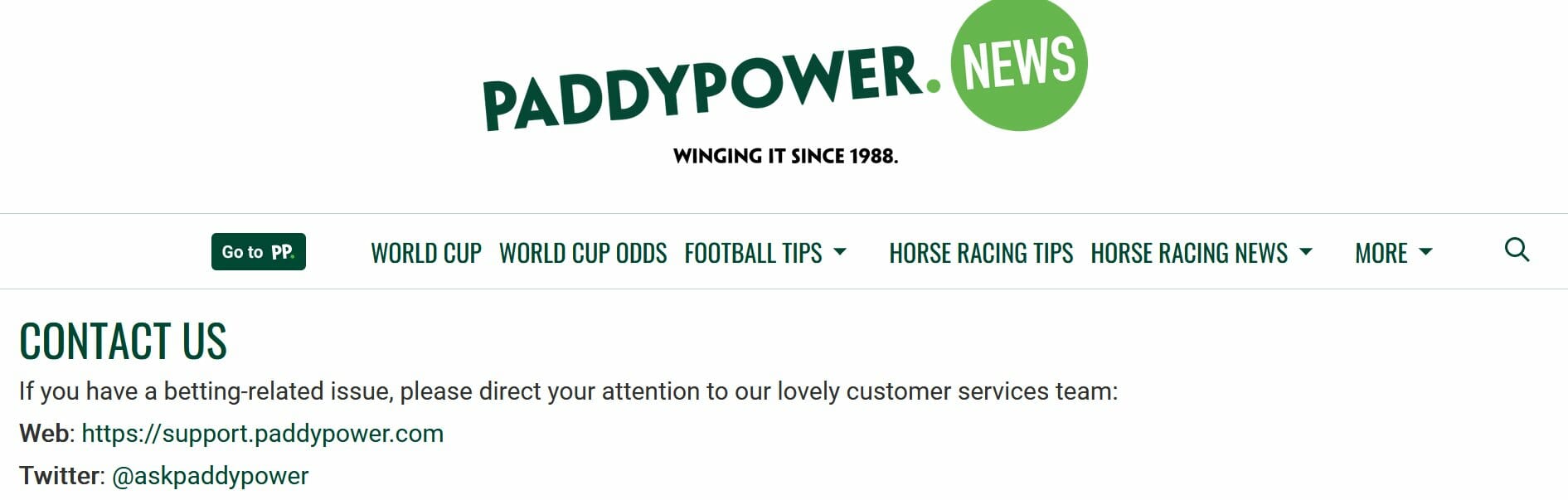 Paddy Power Contact Page Screenshot