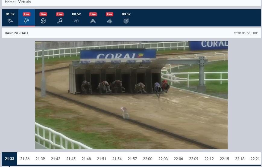 Video stream of virtual greyhound race about to start at Coral