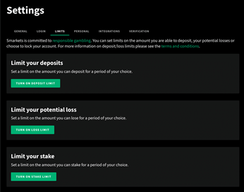 Smarkets Responsible Gambling settings 