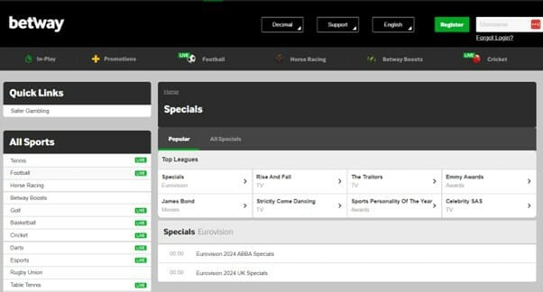 Betway Specials Betting Screenshot