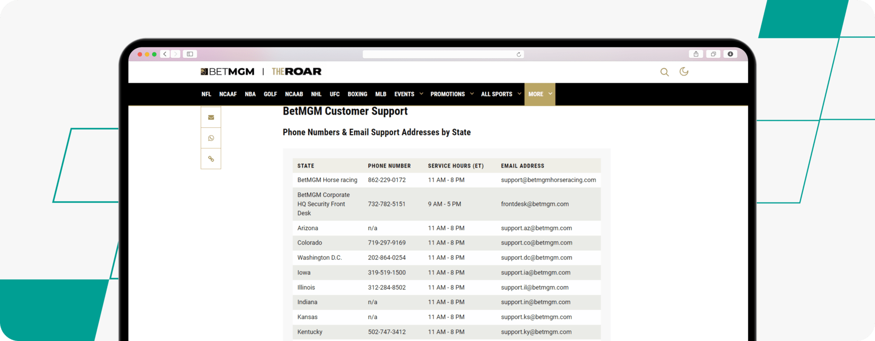 betmgm customer support page screenshot